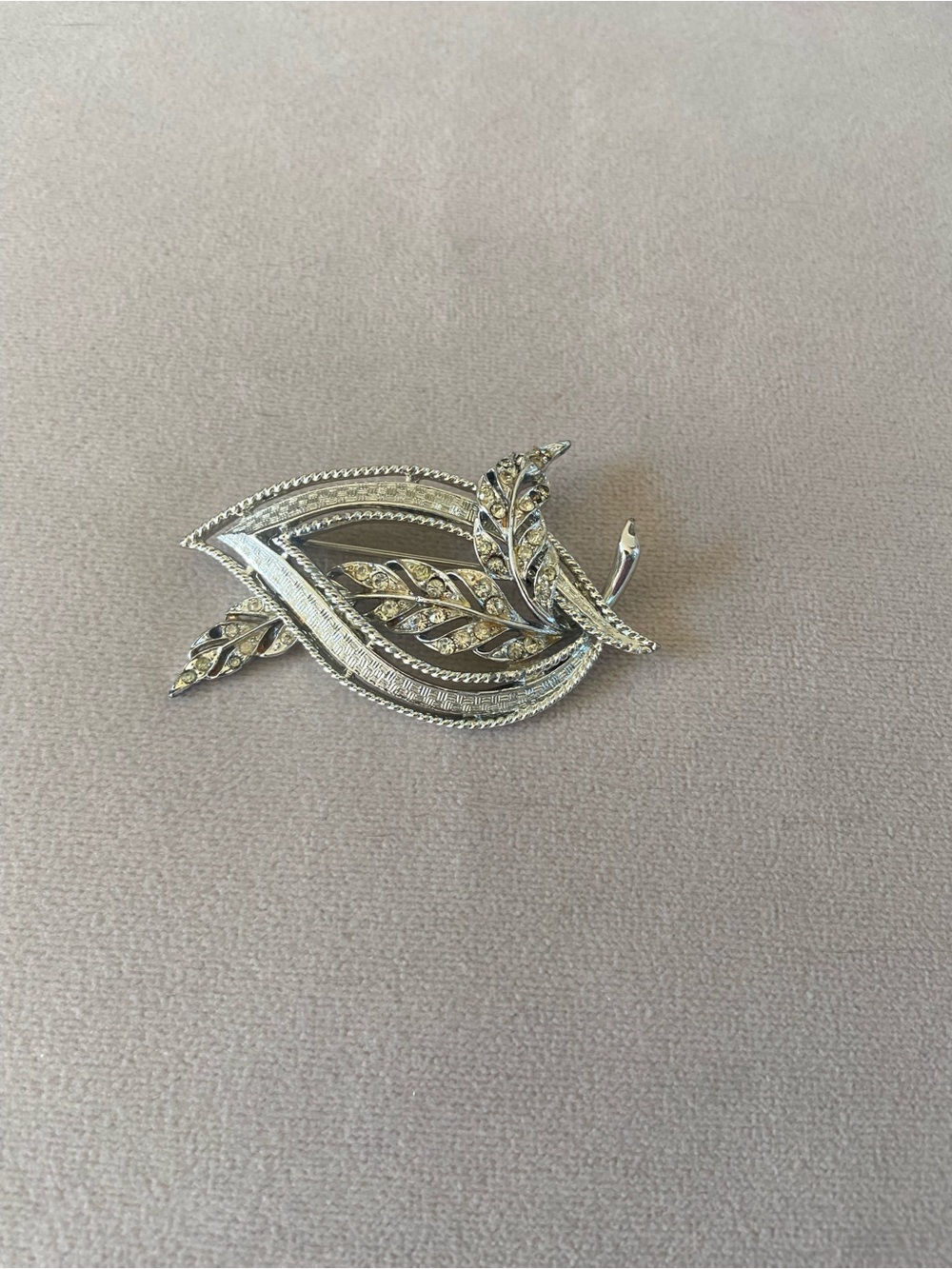 Coro Silver-Tone Leaf Brooch with Clear Rhinestones